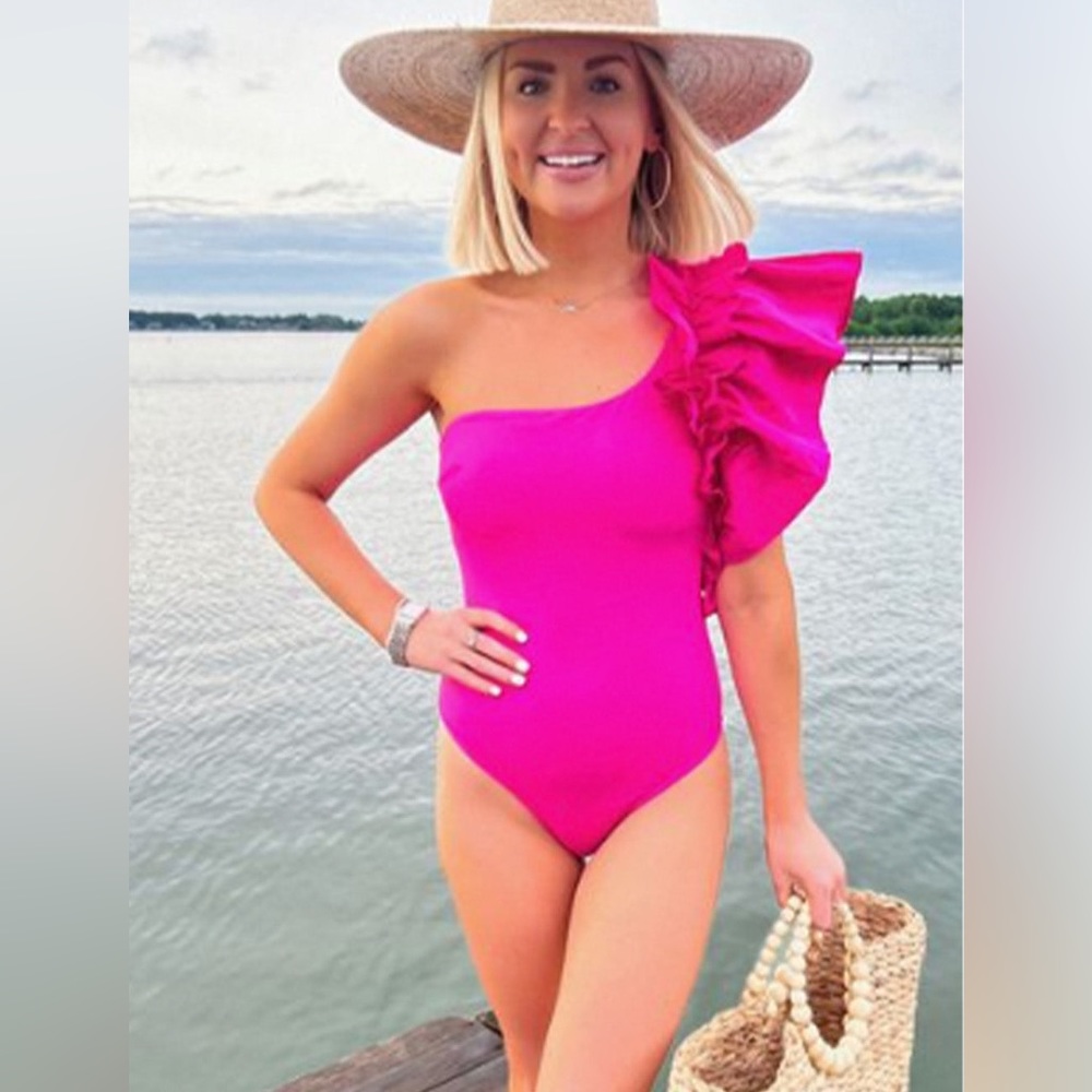 Zara NWOT one shoulder voluminous ruffle one piece swimsuit -hot pink fuchsia - Picture 3 of 8